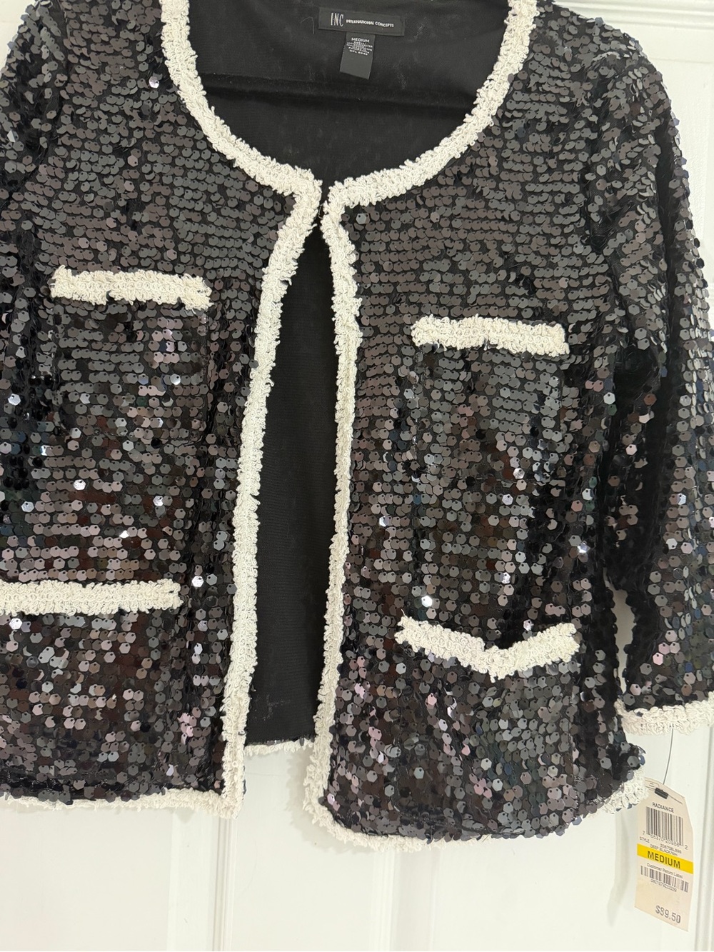 INC International Concepts Black Sequin Cropped Jacket with Cream Trim
